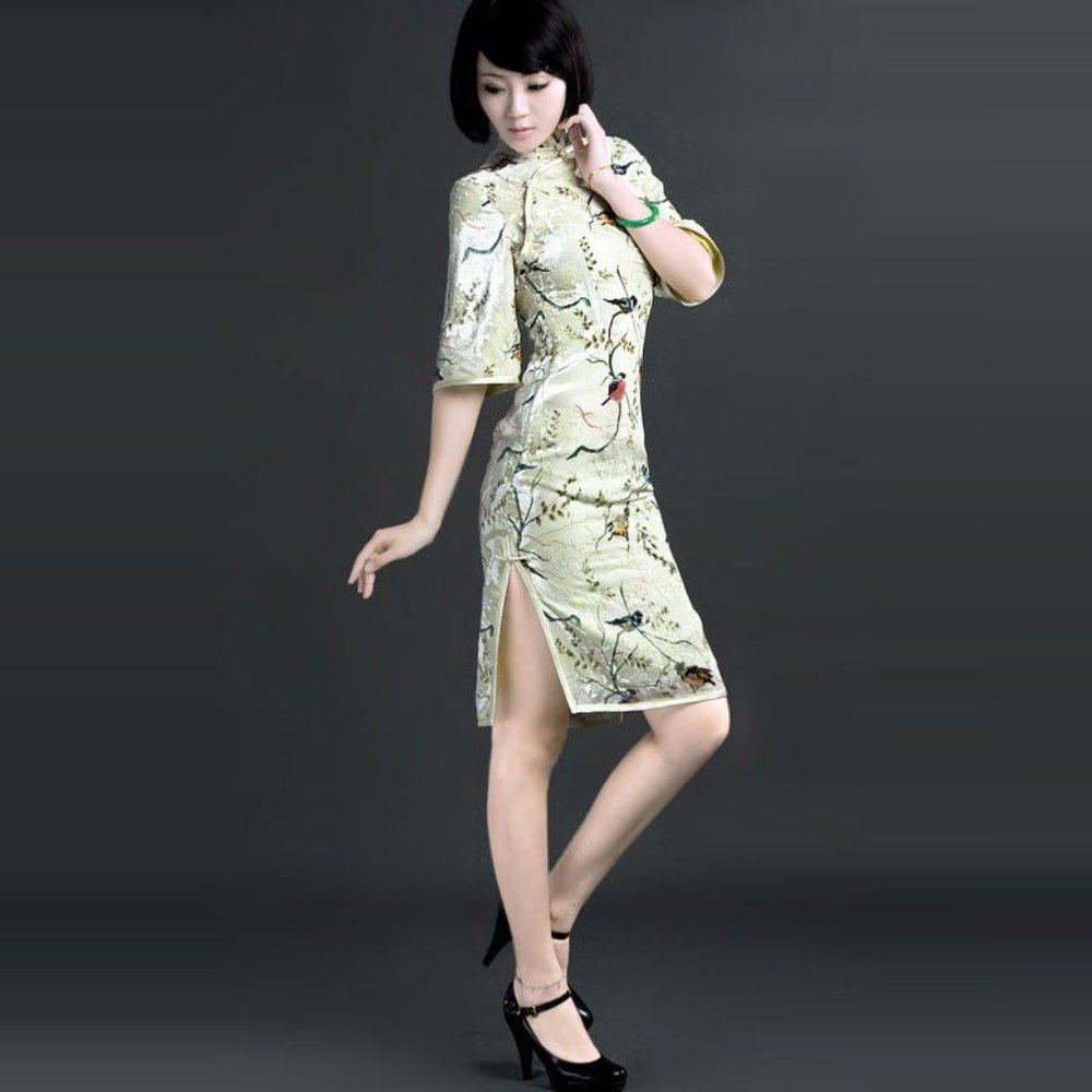 HAN Silk Velvet Bird Print Traditional Chinese Dress Green sz XS Women's